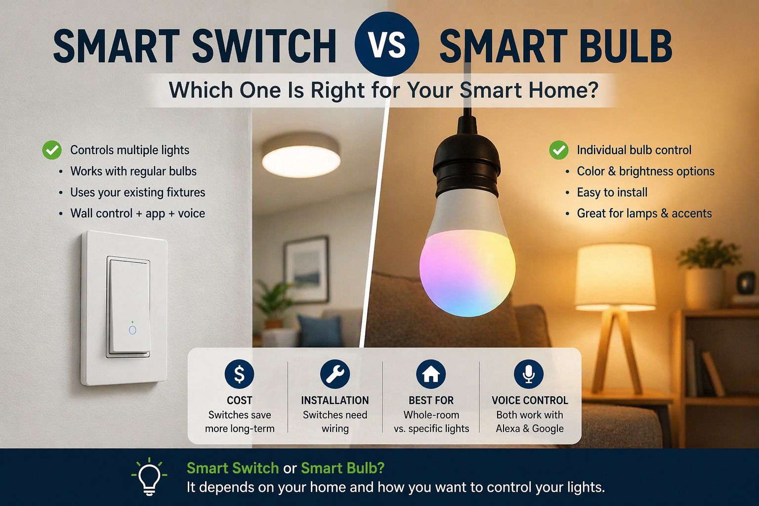Smart switch vs smart bulb comparison showing wall switch control and app-controlled lighting
