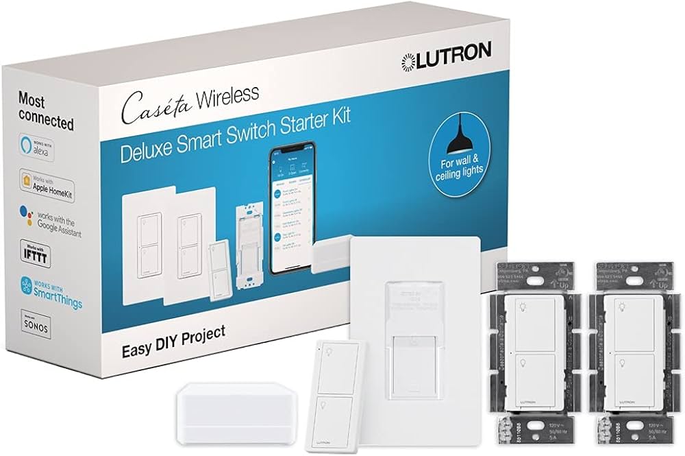 Lutron Caseta Deluxe smart light switch kit with wall plate and smart hub, white, compatible with Alexa, Apple Home, and Google Home