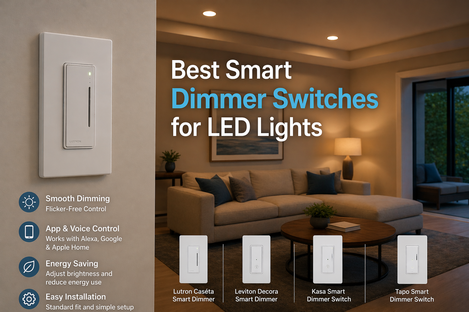 Best smart dimmer switch for LED lights installed on wall controlling brightness in a modern living room environment