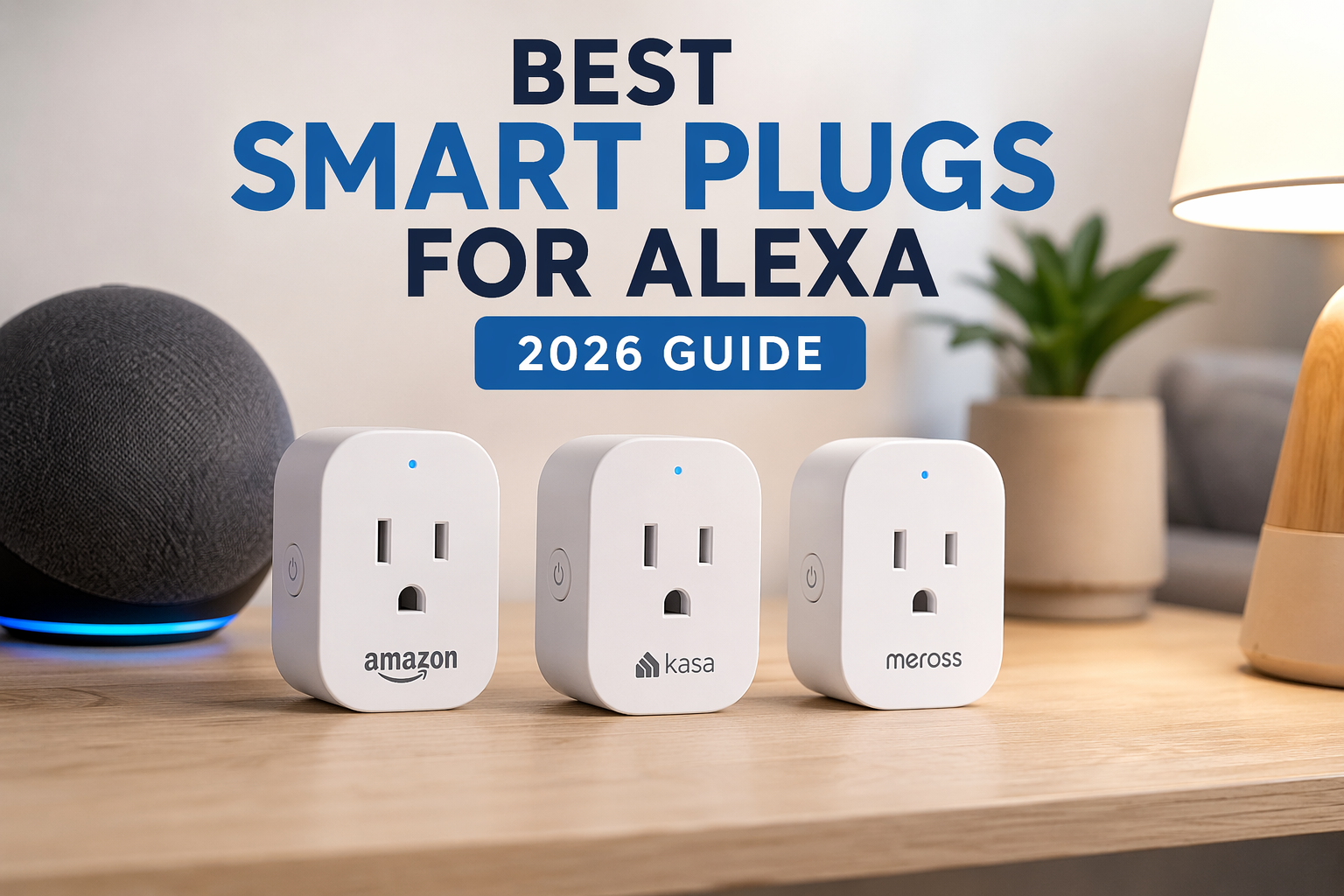 Best smart plugs for Alexa shown as three smart plug devices on a modern tabletop with a smart speaker and home setup