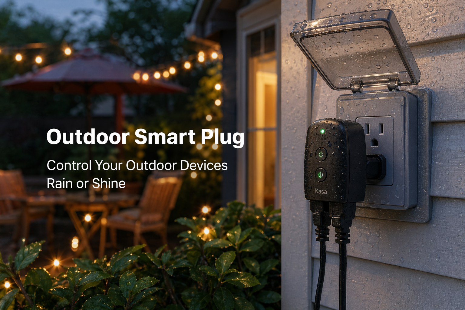 Best Outdoor Smart Plugs for Weatherproof Use installed on an exterior wall controlling patio lights in rainy conditions