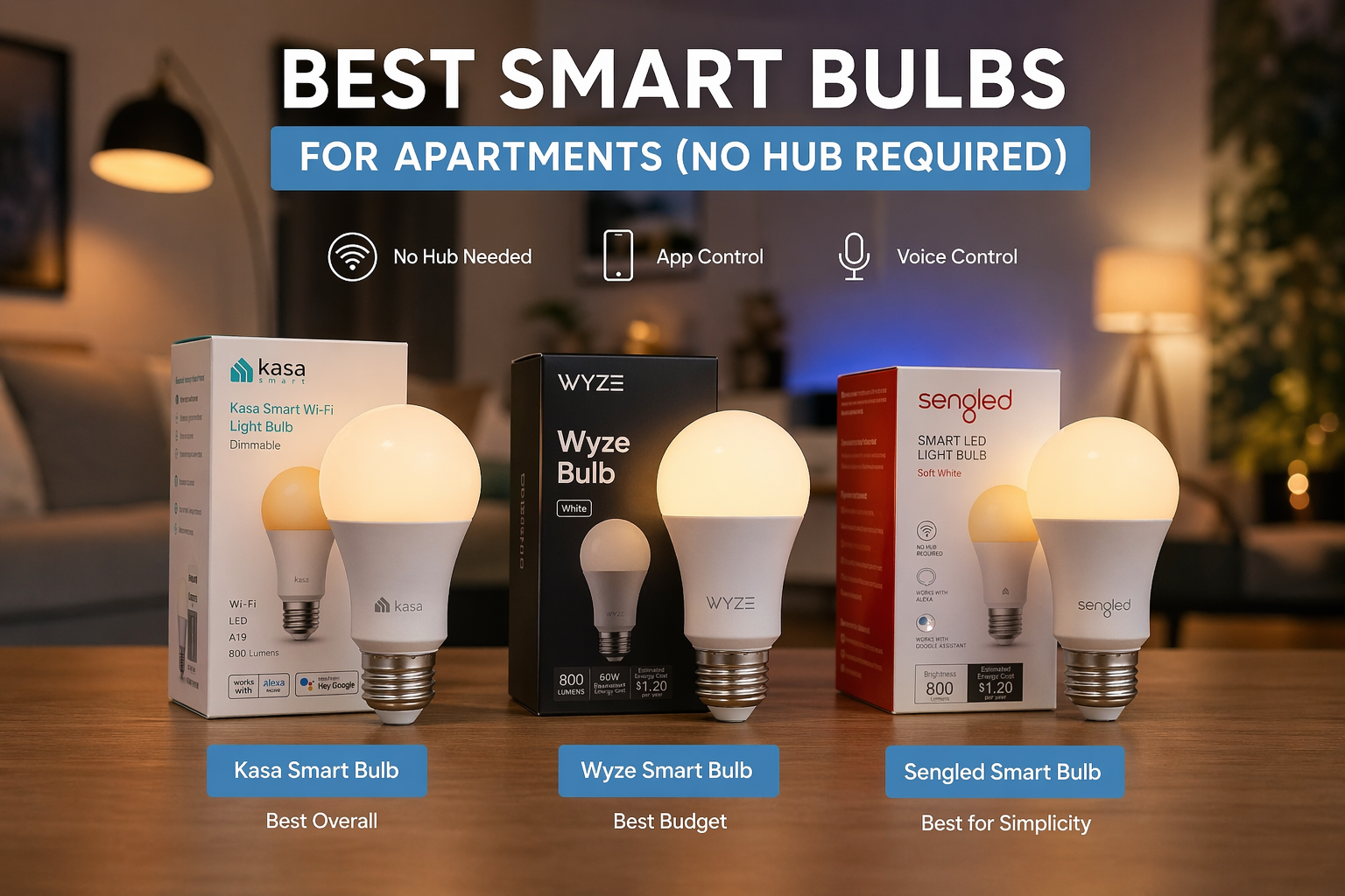 Best smart bulbs for apartments (no hub required) displayed in a modern living room setup with Kasa, Wyze, and Sengled bulbs