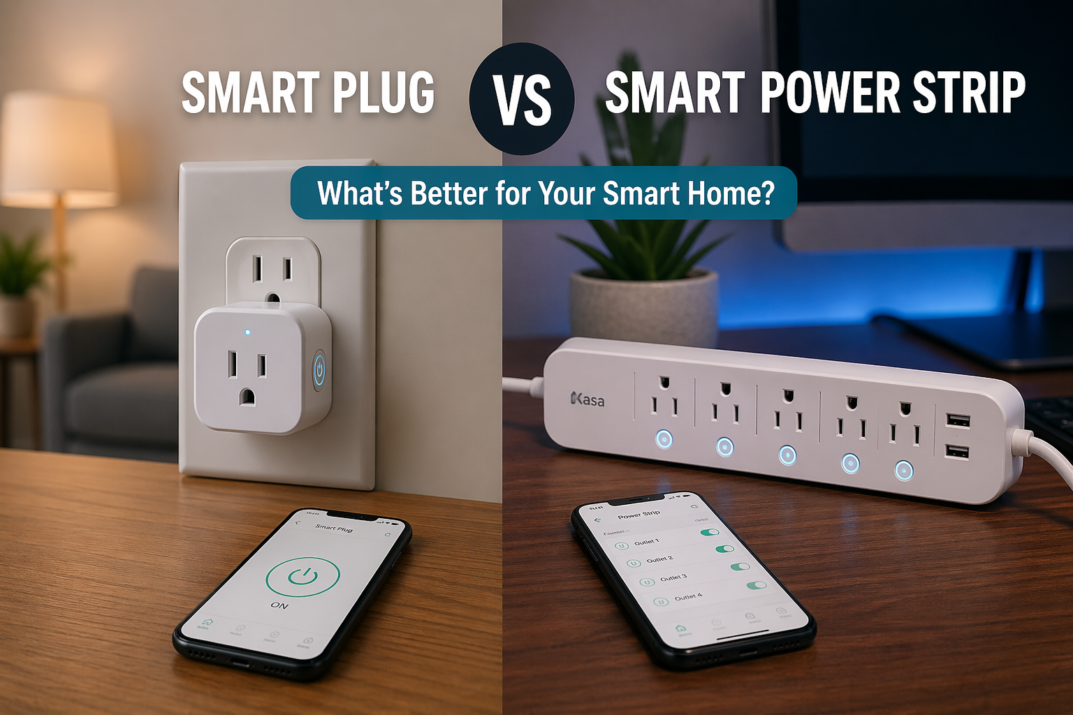smart plug vs smart power strip comparison showing a smart plug and smart power strip setup with mobile app control