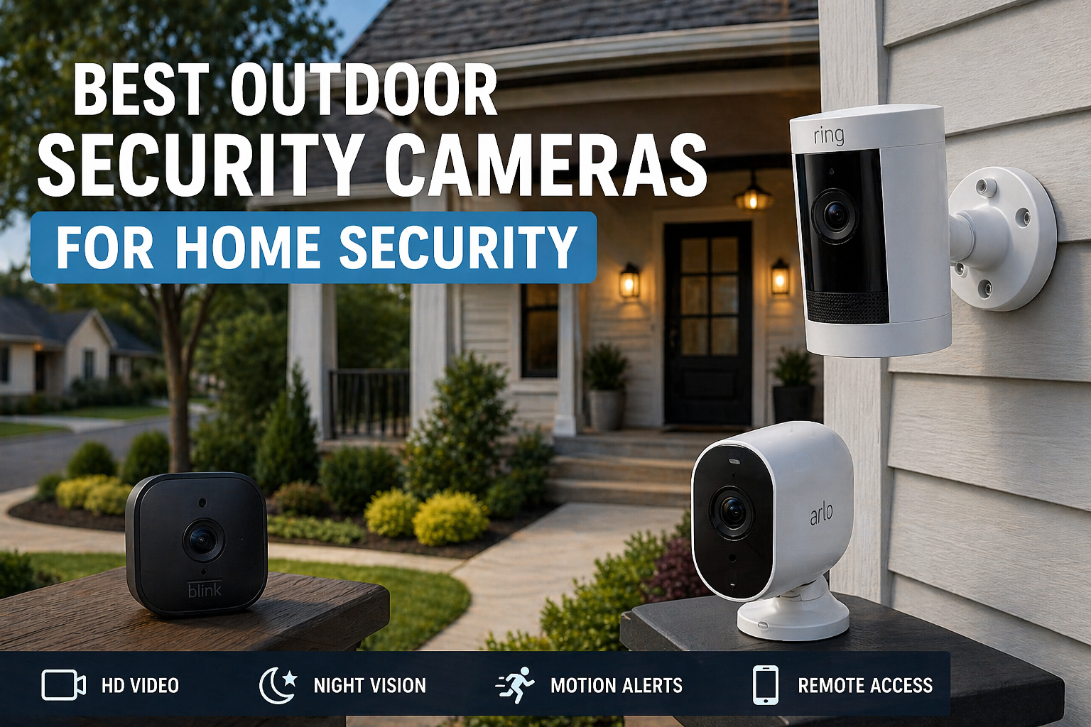 best outdoor security cameras for home security installed on a house exterior showing Ring, Blink, and Arlo cameras