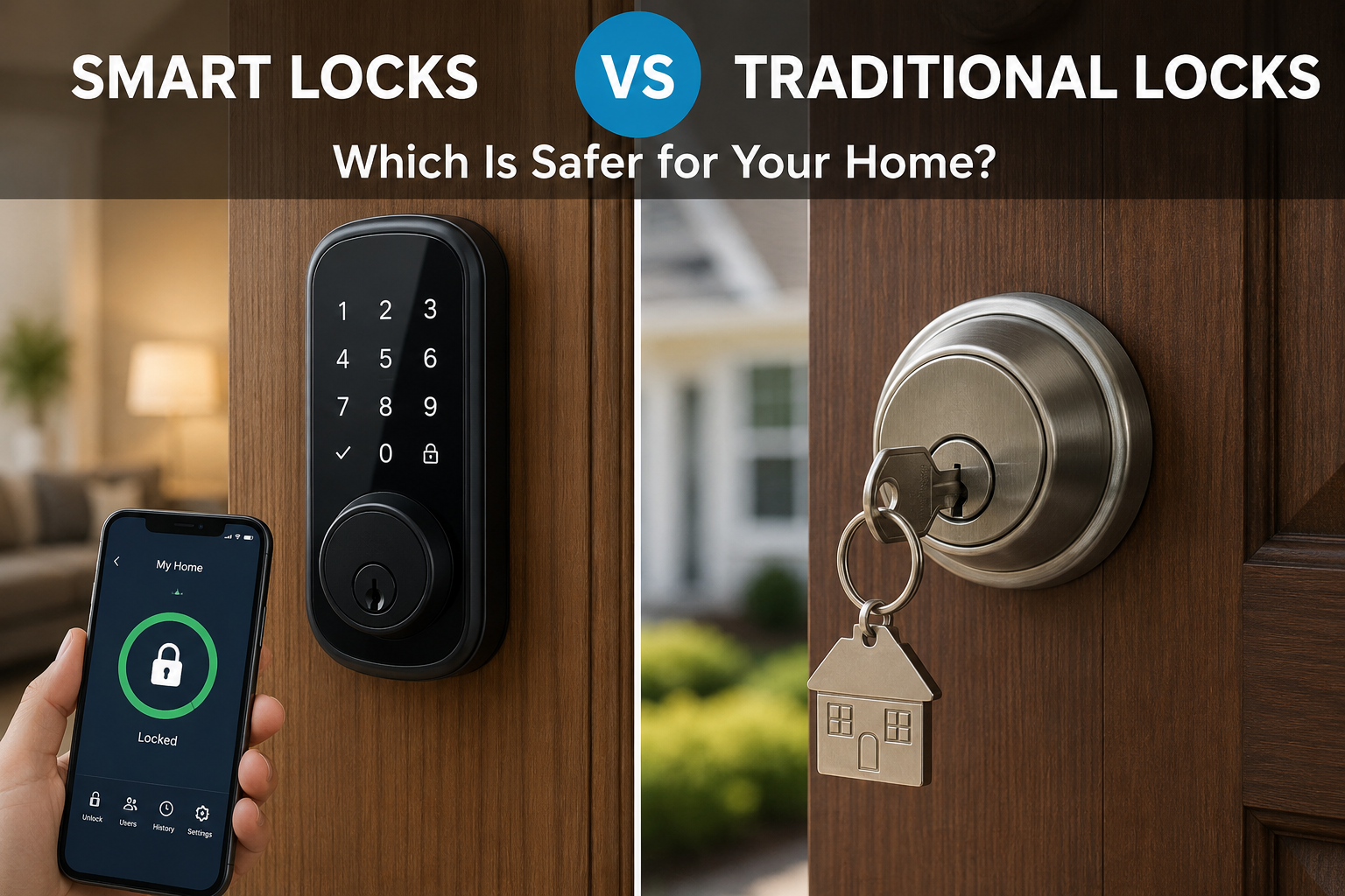 smart locks vs traditional locks comparison showing modern smart lock and traditional deadbolt for home security