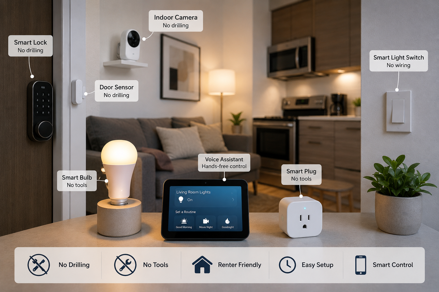 smart apartment setup without drilling modern renter-friendly smart home with lights sensors cameras and smart plugs