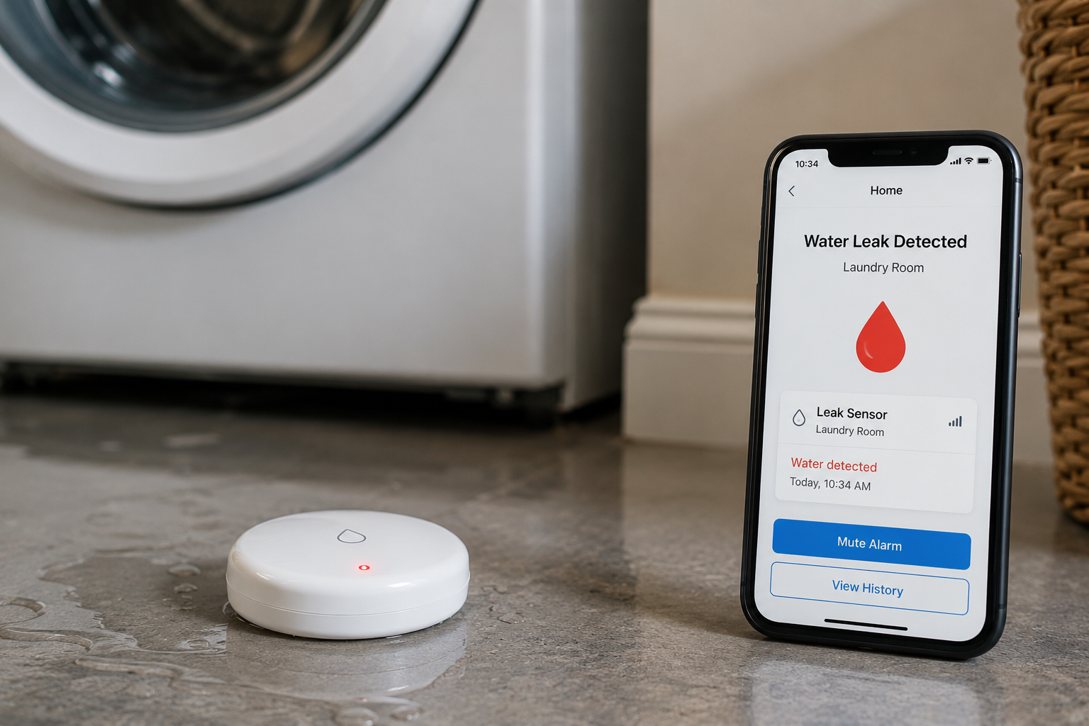 do smart leak detectors actually work showing smart water leak sensor detecting floor leak near washing machine