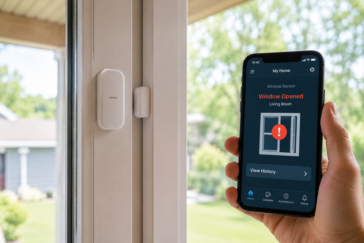 best smart window sensors for home security installed on modern house window with smartphone alerts