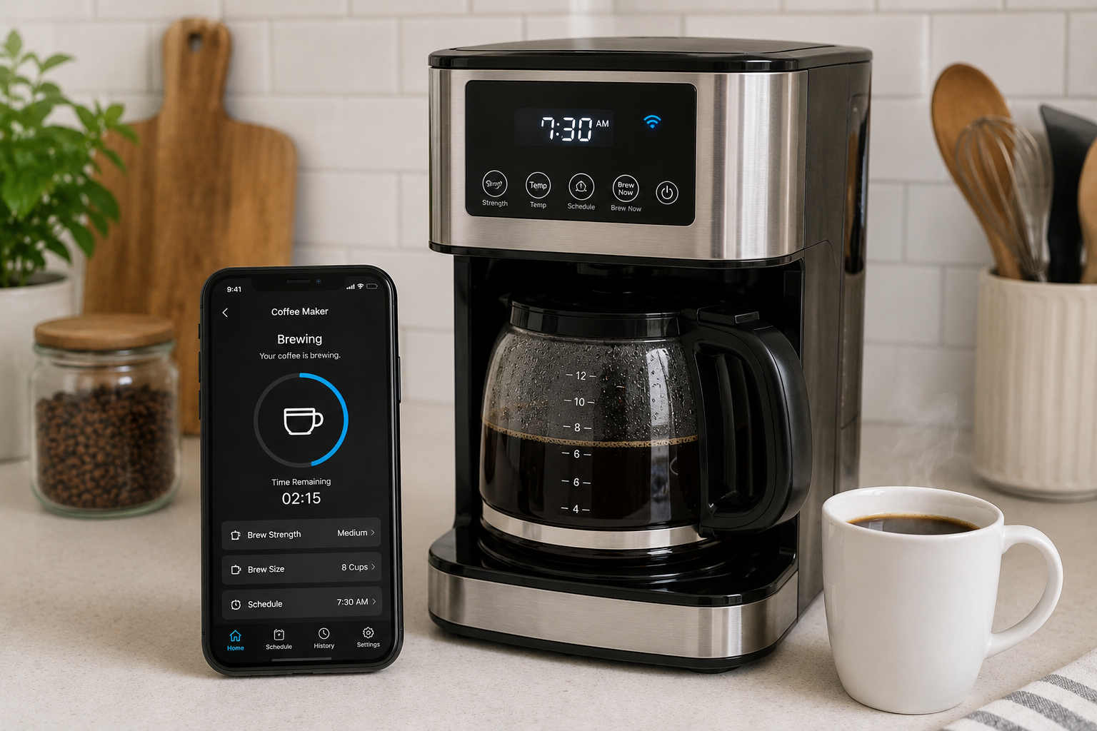 best smart coffee makers you can control with your phone displayed in a modern smart kitchen setup
