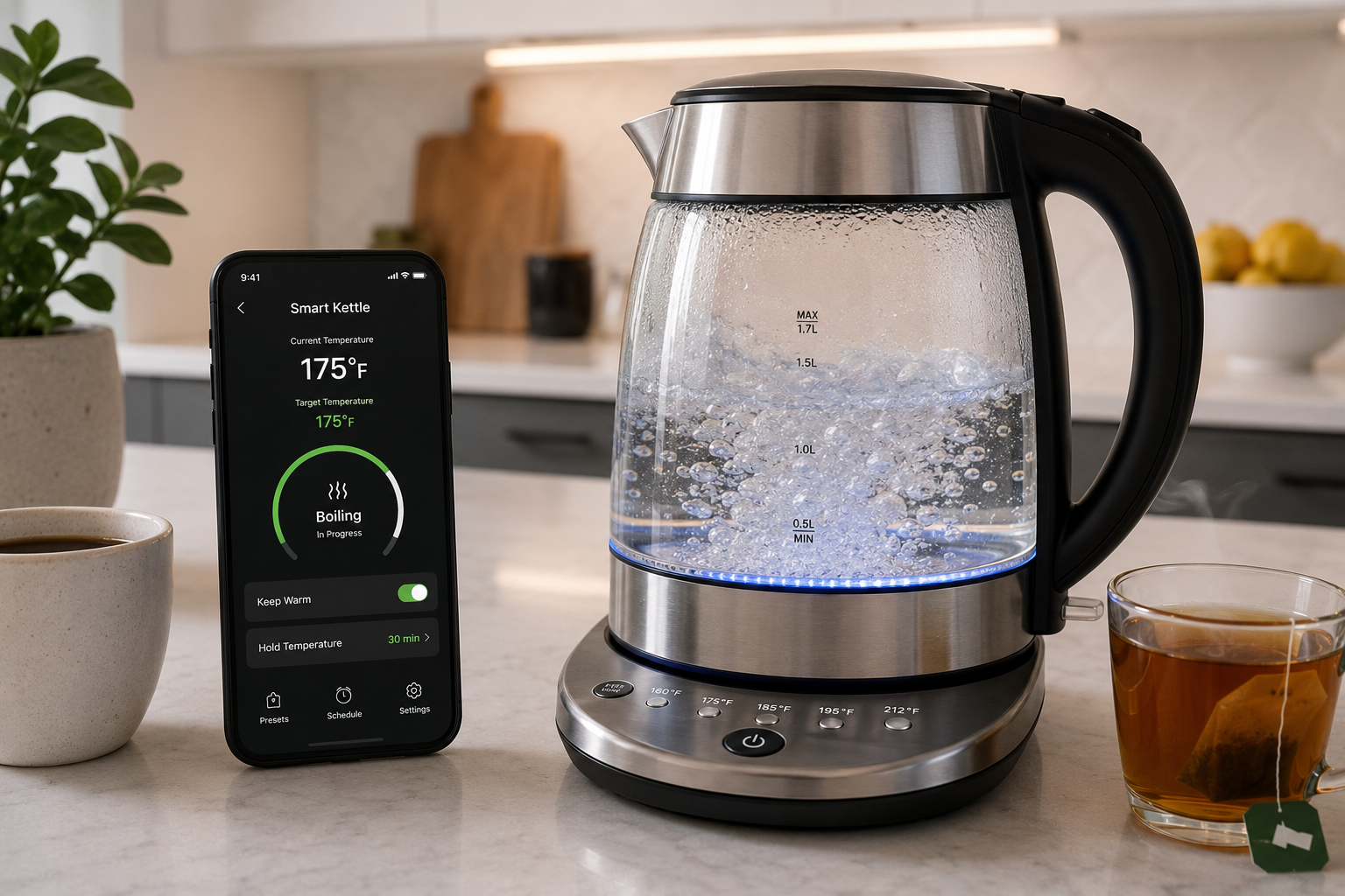 best smart kettles for fast boiling displayed in a modern smart kitchen setup