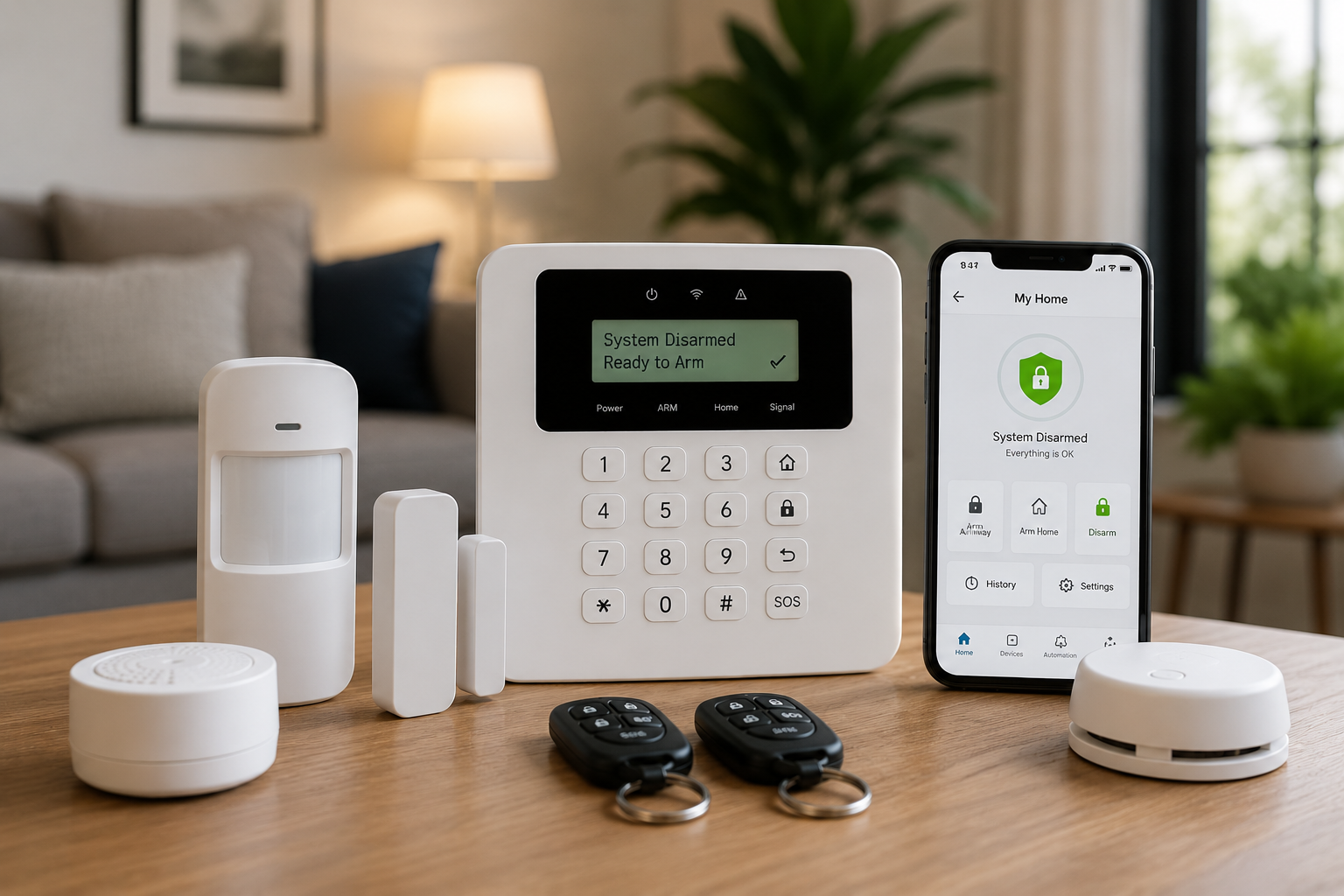 best smart alarm systems without subscription displayed on modern smart home security setup