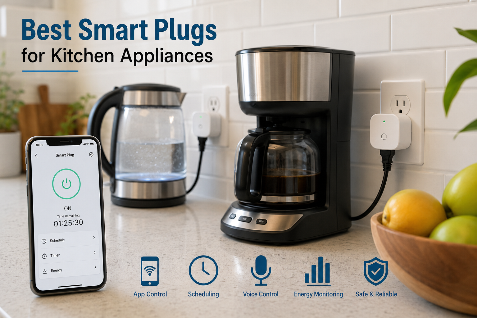 best smart plugs for kitchen appliances connected to coffee maker and kettle in a modern smart kitchen