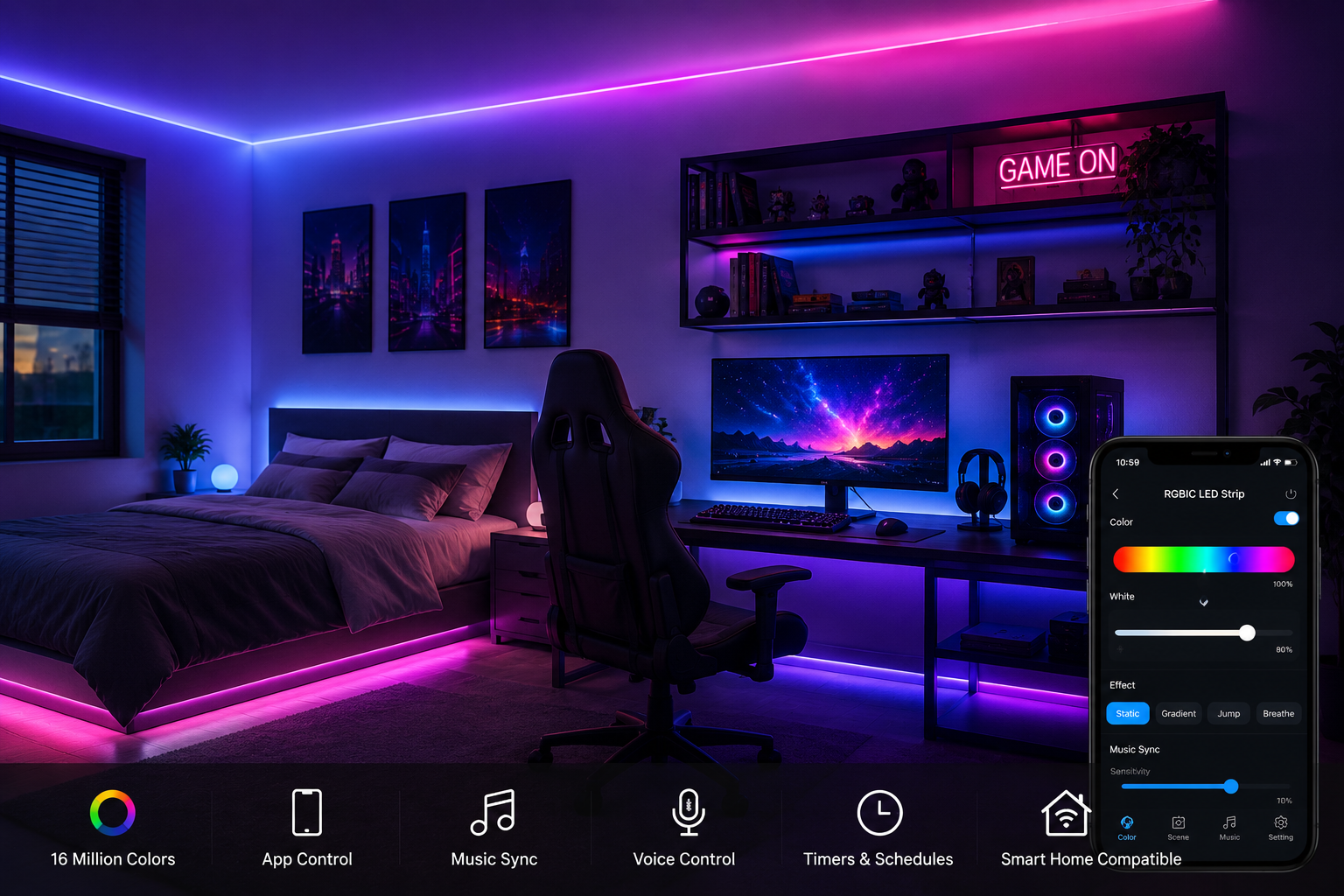 best smart LED light strips for room setup with RGB ambient lighting in modern gaming bedroom