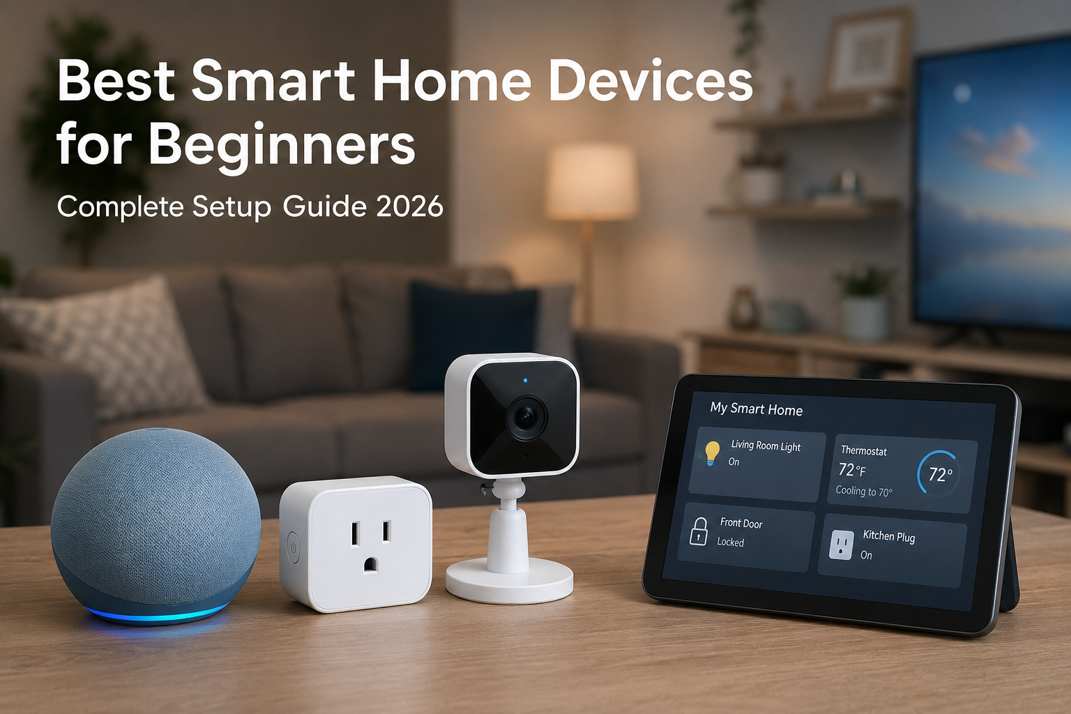 best smart home devices for beginners setup with smart speaker, smart plug, security camera, and smart display in modern living room