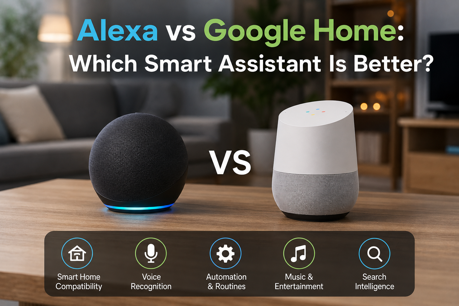 Alexa vs Google Home smart assistant setup with modern smart speakers and connected smart home automation devices