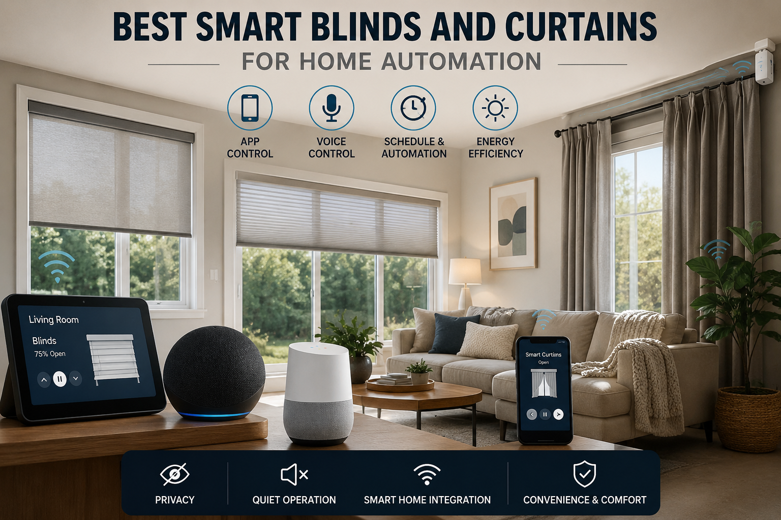 best smart blinds and curtains for home automation setup with motorized window shades and smart curtain controls in modern living room