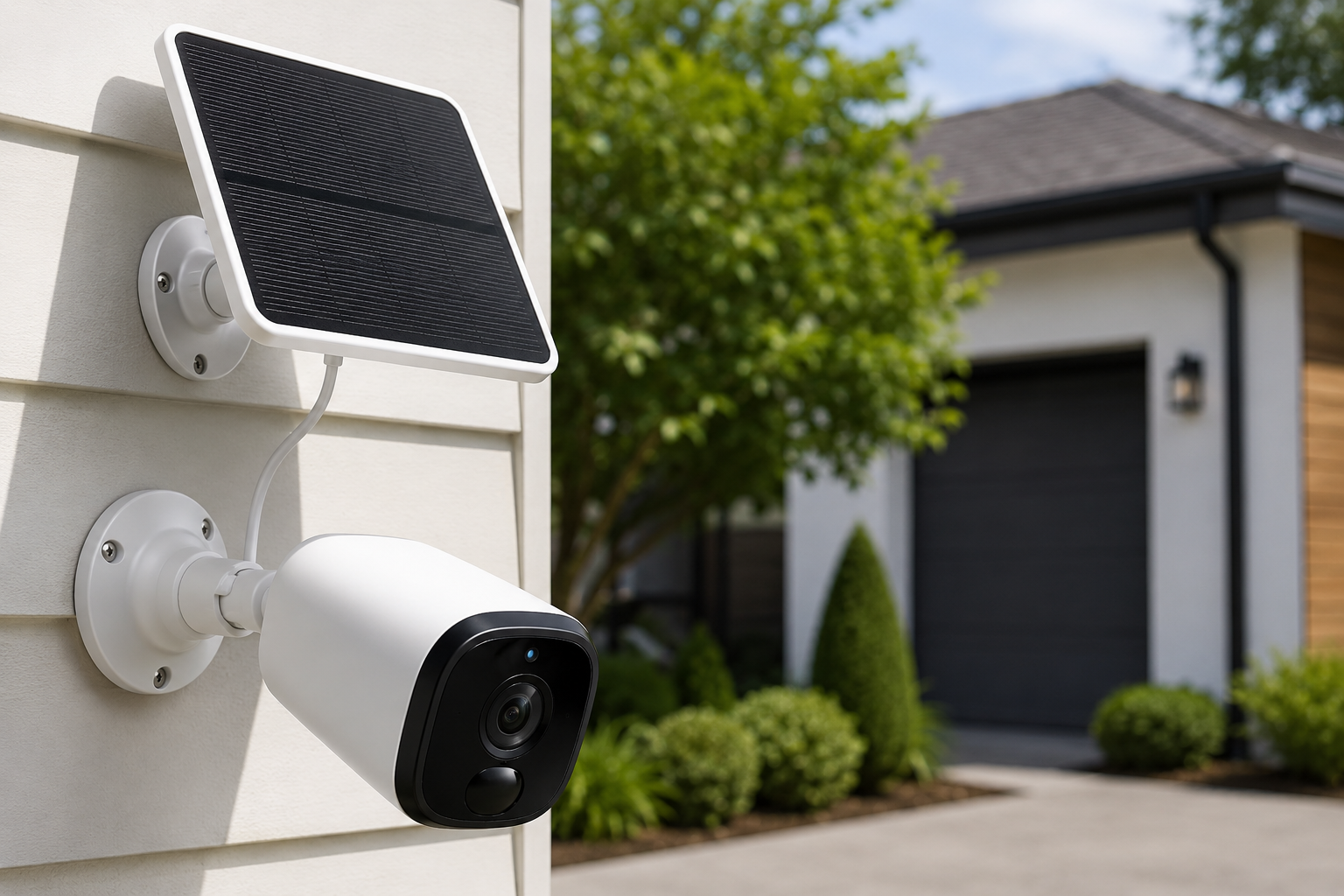 best solar powered security cameras for outdoors installed on modern smart home exterior with wireless solar security monitoring