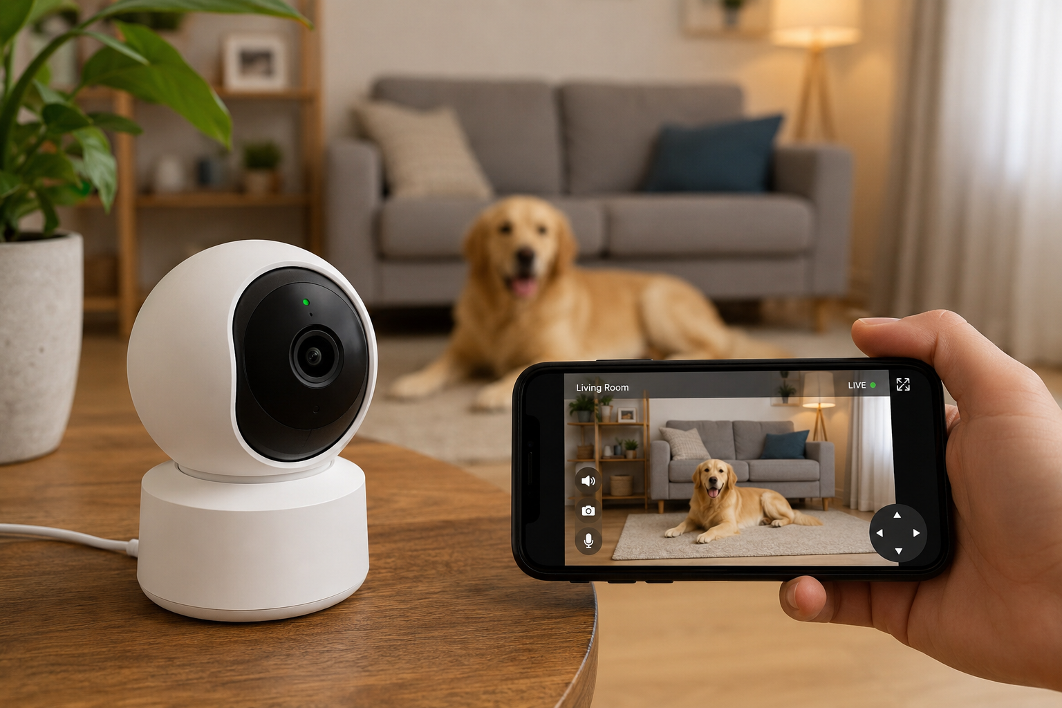 best indoor security cameras for pet owners with smart pet monitoring camera and smartphone live view in modern living room