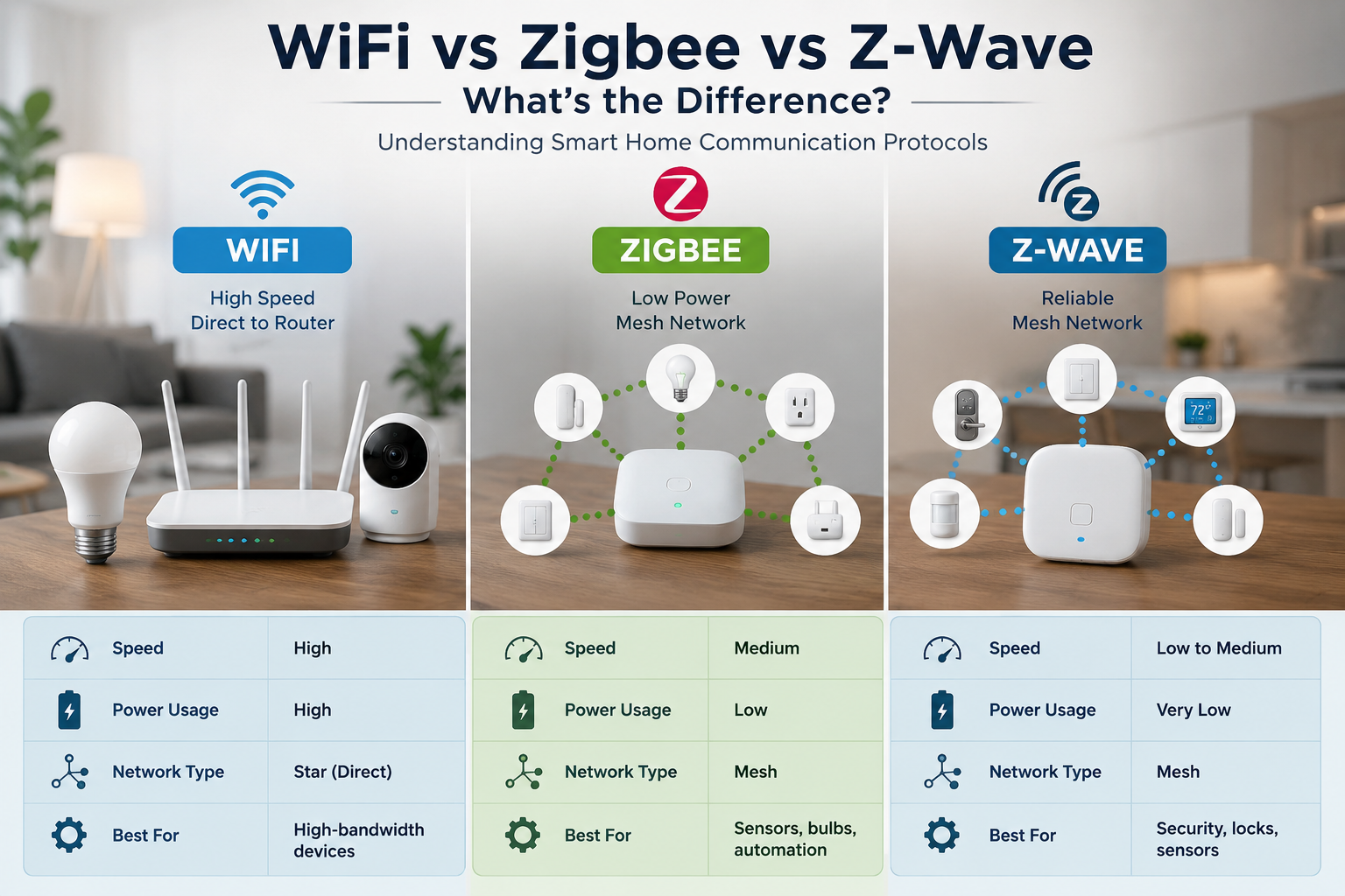 zigbee vs z wave vs wifi comparison showing smart home communication protocols and connected devices