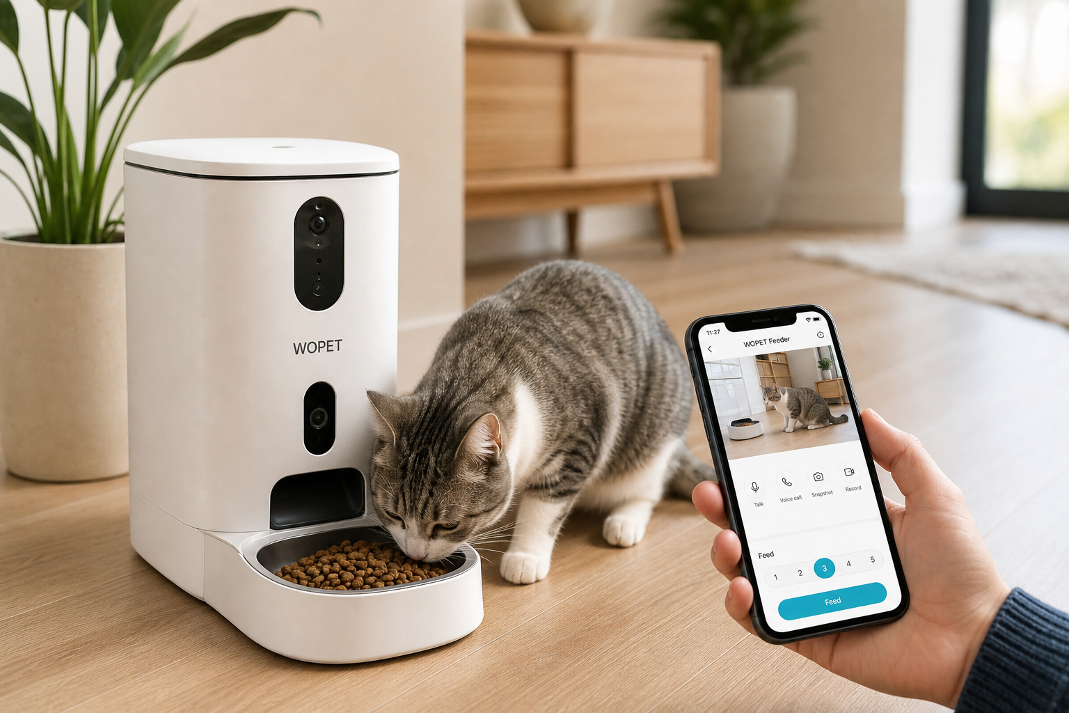 best smart pet feeders with camera in a modern home setup with cat eating and mobile app control