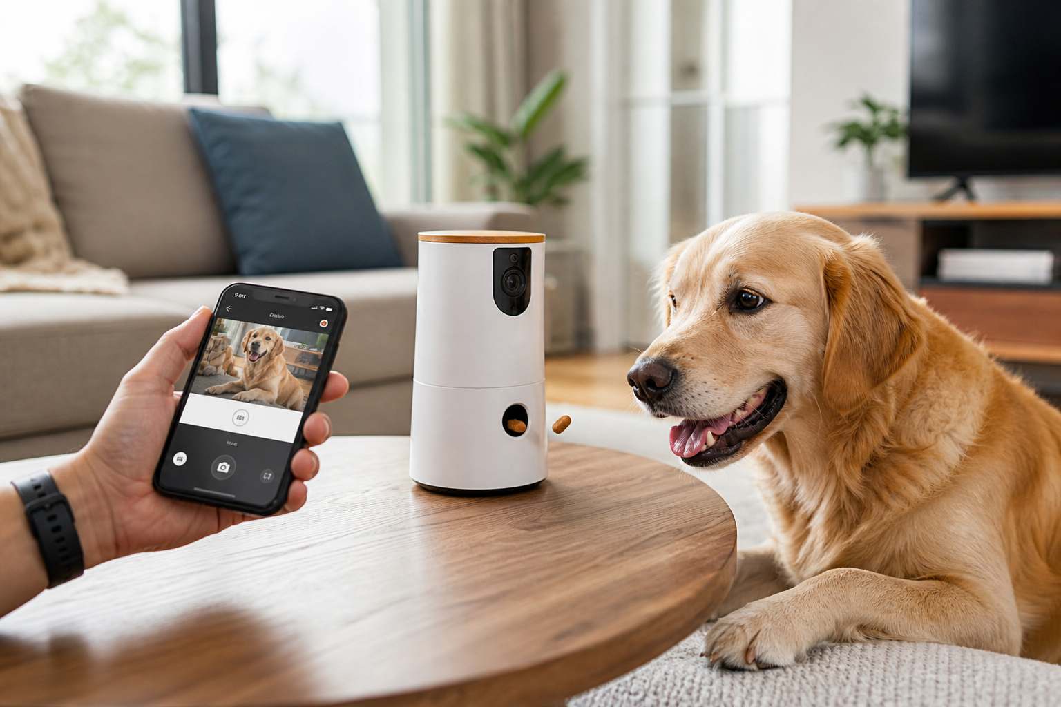 best smart pet cameras with treat dispenser showing dog receiving treat from smart device at home