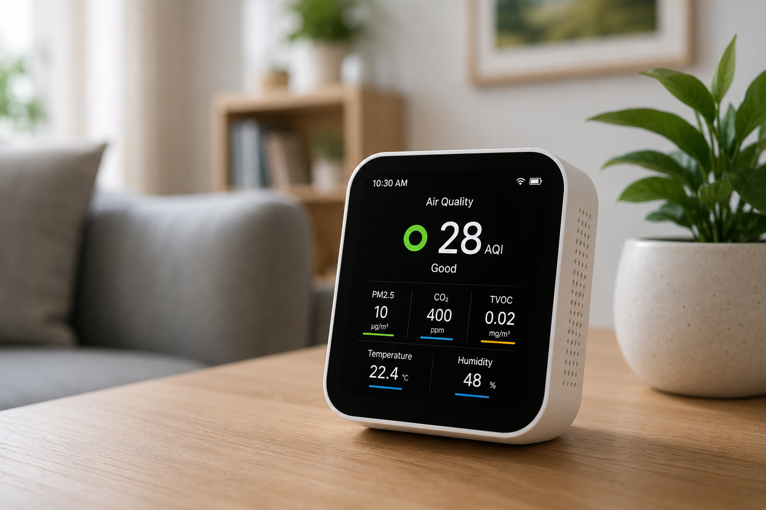 best smart air quality monitors for home displaying indoor air pollution and humidity levels in modern living room
