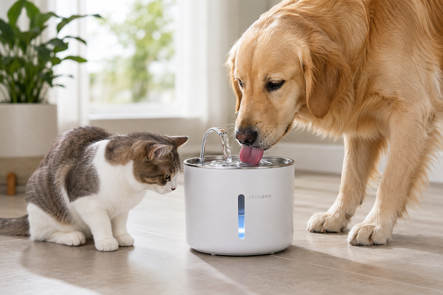 best automatic pet water fountains for cats and dogs with stainless steel flowing water design in modern home