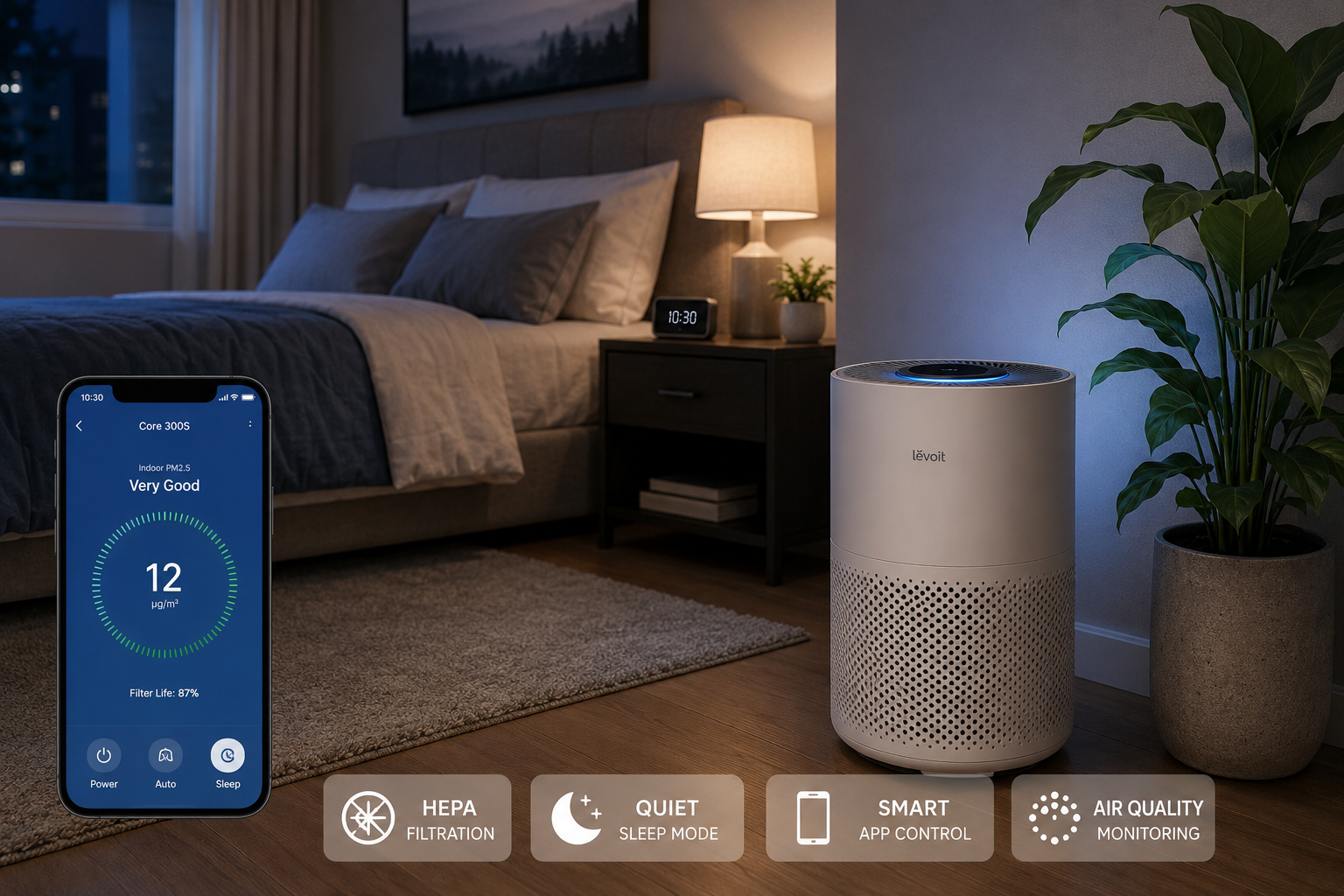 best smart air purifiers for bedrooms with quiet HEPA air purifier in modern sleeping room